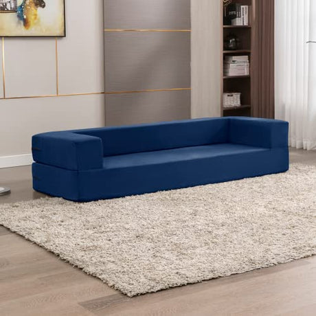 CECER 80" Convertible Floor Sofa Bed，Folding Sofa Bed with 3 Ottomans，Velvet Modular Sectional Futon Sleeper，Foldable Memory Foam Couch for Living Room/Guest Room/Playroom（Blue） CECER
