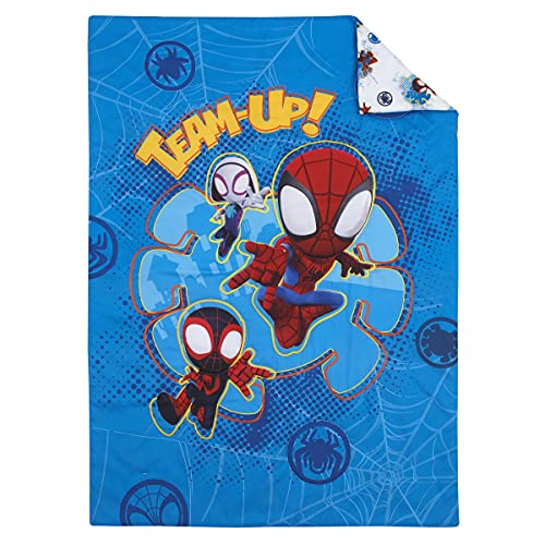 Disney Marvel Spidey and his Amazing Friends Spidey Team Red, White, and Blue 4 Piece Toddler Bed Set - Comforter, Fitted Bottom Sheet, Flat Top Sheet, and Reversible Pillowcase Disney
