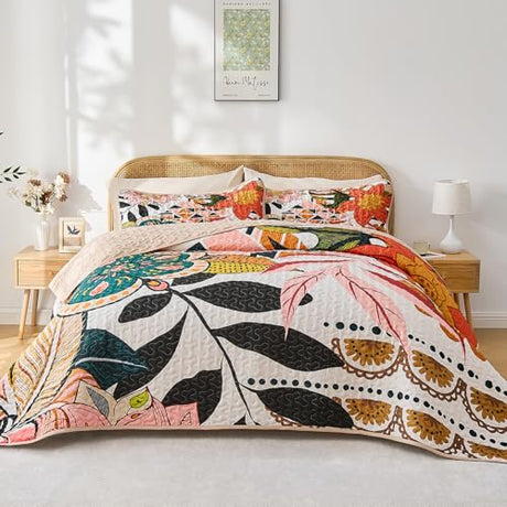 Pamnest Quilt Set King Size, Boho Floral 3 Pcs Soft Bed Cover Bedding Set, Mid Century Flowers Lightweight Bedspread Coverlet with 2 Pillow Sham for All Season Pamnest