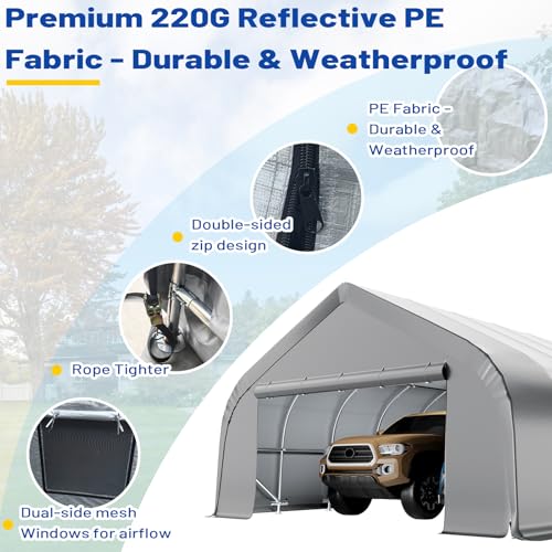 EROMMY 20x30 FT Heavy Duty Durable Carport, Silver Gray, Galvanized Steel Frame Garage Shelter and Outdoor Storage, Waterproof 3-Layer PE Cover, Fits 2 Cars, Boat, Farm Equipment EROMMY