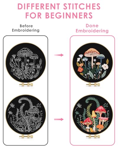 TINDTOP 2 Pack Embroidery Kit for Adult Beginners, Embroidery DIY Starter Kit, with Mushroom Stamped Patterns, Hoop, Tools, Colorful Threads with Needles, Instructions TINDTOP