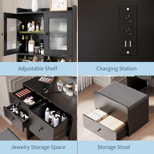 Garvee 3 in 1 Vanity Desk with LED Light, Tall Makeup Vanity Set with 2 AC Outlets & USB-c, Dressing Table with Drawers & Acrylic Doors, Nightstand Vanity Mirror, Jewelry Box, Cushioned Chair, Black Garvee