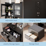 Garvee 3 in 1 Vanity Desk with LED Light, Tall Makeup Vanity Set with 2 AC Outlets & USB-c, Dressing Table with Drawers & Acrylic Doors, Nightstand Vanity Mirror, Jewelry Box, Cushioned Chair, Black Garvee