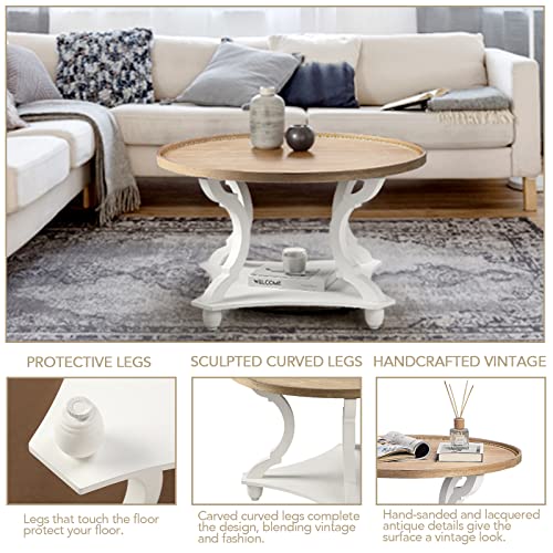 Wnutrees Farmhouse Round Coffee Table,Wood Tray Top Circle Coffee Table with Storage Shelf Rustic Style for Living Room and Vintage Finish,White Wnutrees