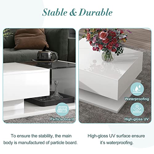 Merax Coffee Table, 2-Tier Rectangular Coffee Table with Tempered Glass, Modern Cocktail Table with High-Gloss UV Surface, Minimalist Design Center Table for Living Room, White Merax