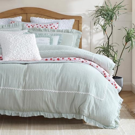 Peri Home Ruffle Bedding Duvet Cover Cottage Core Vintage Country 100% Cotton 3-Piece Set, Full/Queen, Green Rene Ruffled Peri Home