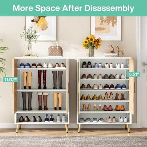 Tribesigns Shoe Cabinet with Doors, 6-Tier 18 Pairs Shoe Storage Cabinet for Entryway, Wooden Entryway Shoe Cabinet with Adjustable Shelves for Living Room, Bedroom (Brown, Gold Legs) - WoodArtSupply