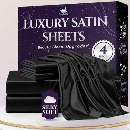 SLEEP SANCTUARY Satin Sheets Queen Size – 4 Piece Luxury Silky Bed Set, Softer Than Silk, 15" Deep Pocket, Cooling & Wrinkle-Free, Moisture-Wicking & Breathable for Hair & Skin (Black) SLEEP SANCTUARY