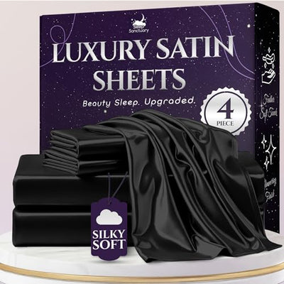 SLEEP SANCTUARY Satin Sheets Queen Size – 4 Piece Luxury Silky Bed Set, Softer Than Silk, 15" Deep Pocket, Cooling & Wrinkle-Free, Moisture-Wicking & Breathable for Hair & Skin (Black)
