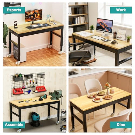 48" Heavy Duty Workbench, Solid Wood Working Bench Adjustable Height Rolling Work Tables with Power Outlets for Home Office, 1800 Lbs Capacity (Metal Wheels丨Rubber Pad丨48 x24 丨Socket) Hombanyan