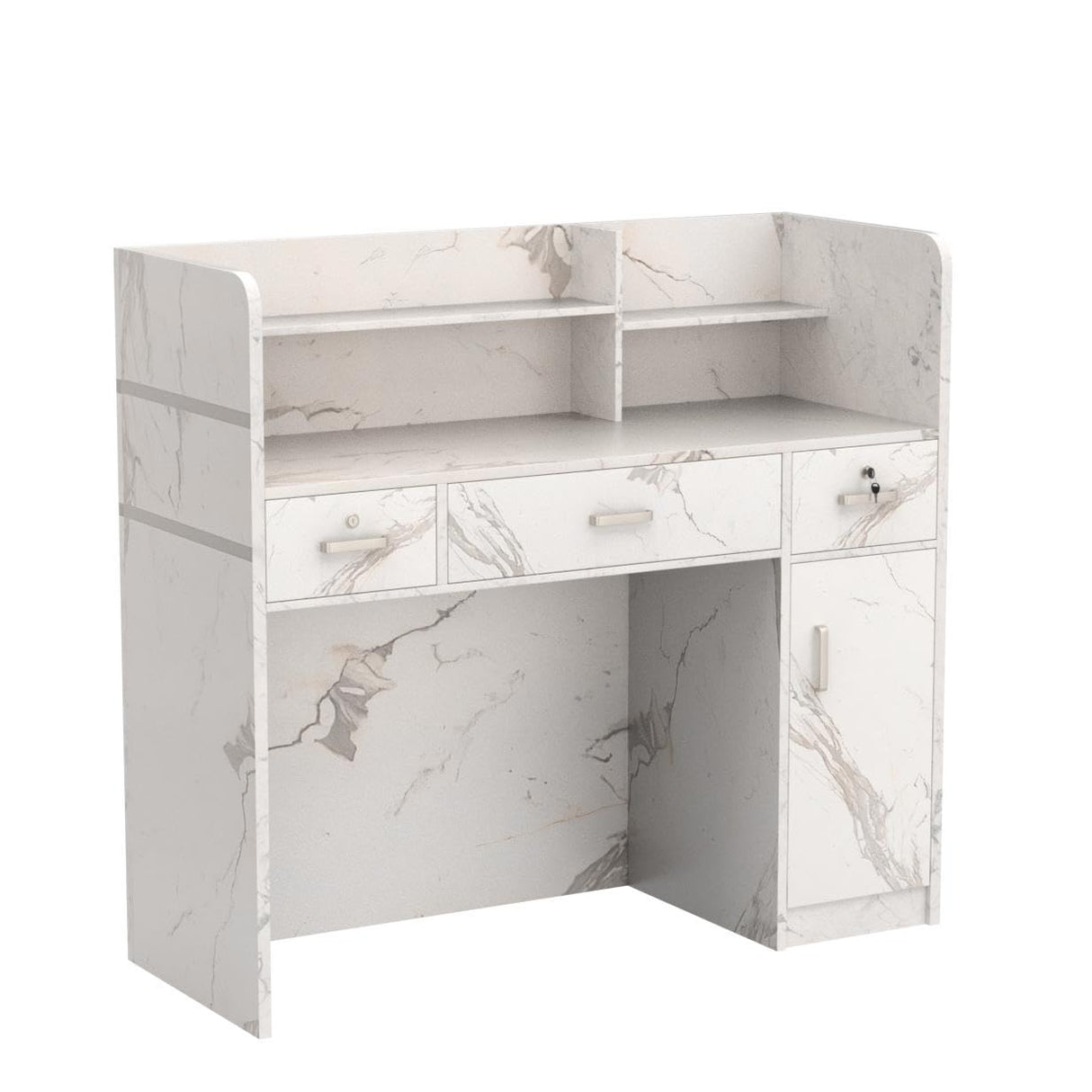 Homsee Modern Reception Desk with 3 Drawers, 1 Door Storage Cabinet & Hutch Shelf, Office Wooden Computer Desk, Writing Study Table PC Laptop Desk, White Marble (47.3" L x 18.3" W x 43.3" H) Homsee