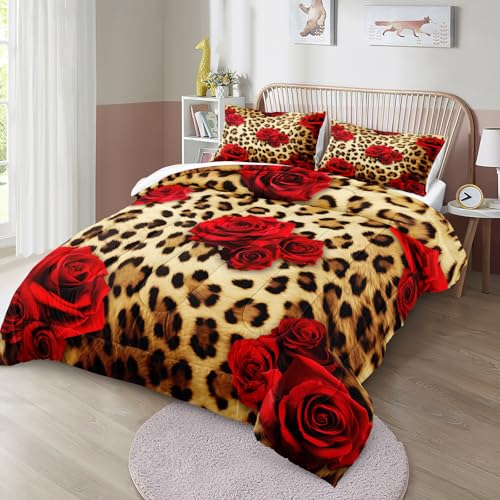 MOVE OVER Cheetah Print Comforter Set King Size Red Rose Flower Bedding Set 4 Pieces Ultra Soft Microfiber Romantic Rose and Leopard Print Comforter Sets for Women and Female MOVE OVER