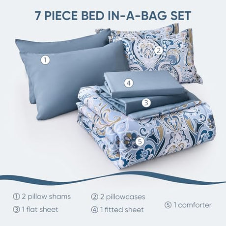 Drucon Blue Paisley Comforter Set Queen, 7 Pieces Bed in a Bag Boho Comforter Soft Microfiber Blue Paisley Bedding(1 Comforter, 1 Flat Sheet, 1 Fitted Sheet, 2 Pillow Shams, 2 Pillowcases) Drucon