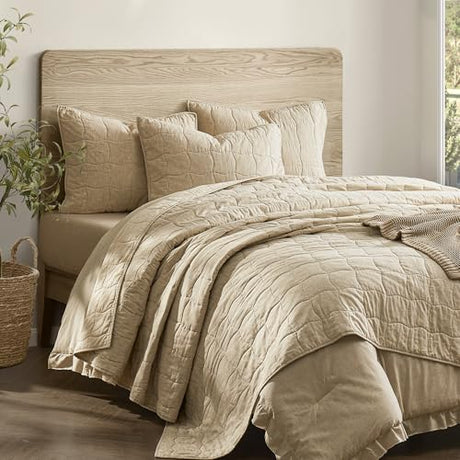 Wonderful Natural Linen Cotton Quilt - Skin-Friendly Breathable & Hypoallergenic Quilt King, 3 Piece Wavy Box Stitched Linen Bedding Set, All-Season Use Bedspread & Coverlet Bedding, 104"x94" Wonderful