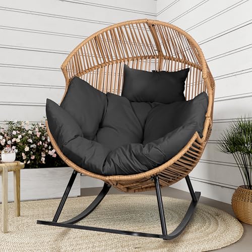 Shintenchi Wicker Egg Chair,Oversized Outdoor Indoor Rocking Chair,Large PE Rattan Rocking Chair with Cushion for Patio, Balcony, Backyard, Garden,Deep Grey Shintenchi