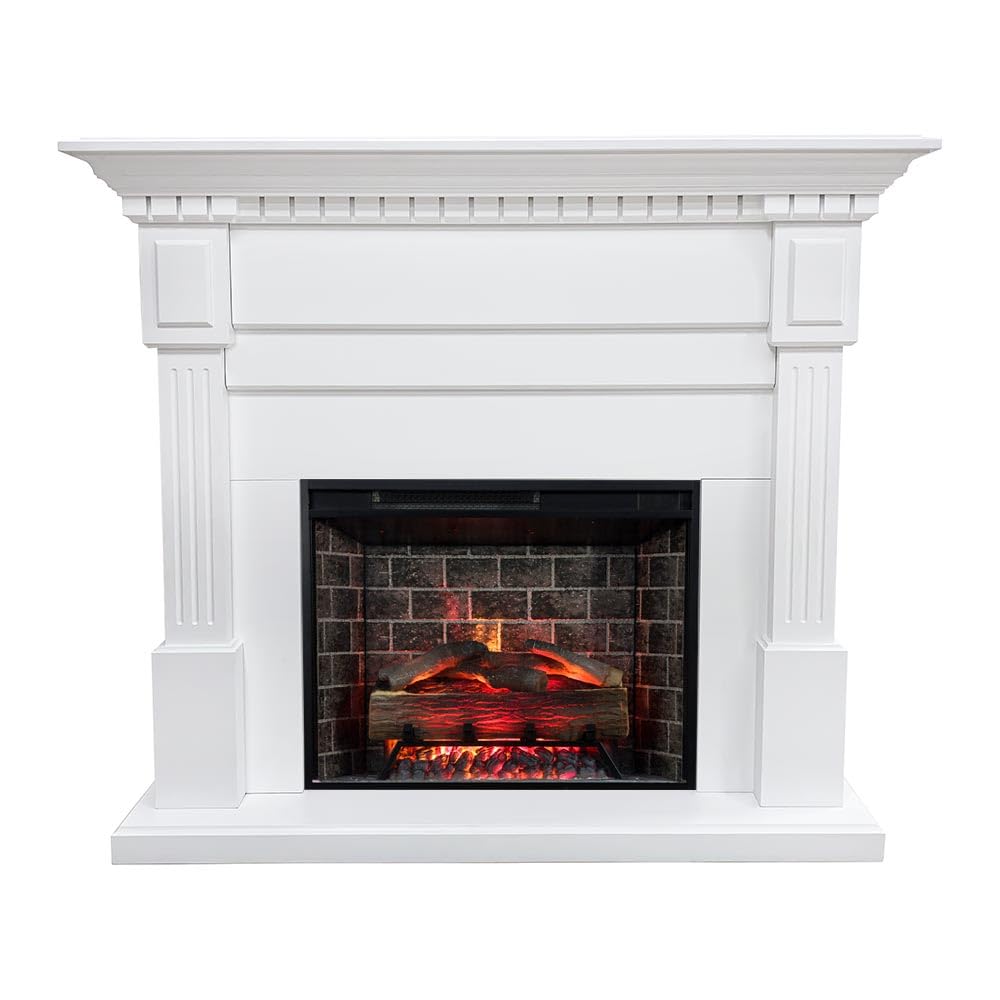 Modern Ember Augustine White Mantel Package 55" W x 48" H with 28 Inch Electric Fireplace Insert - 1,000 Sq Ft Heater 4 Flame Colors, Ember Bed Included | Compatible with Alexa and Google Assistant