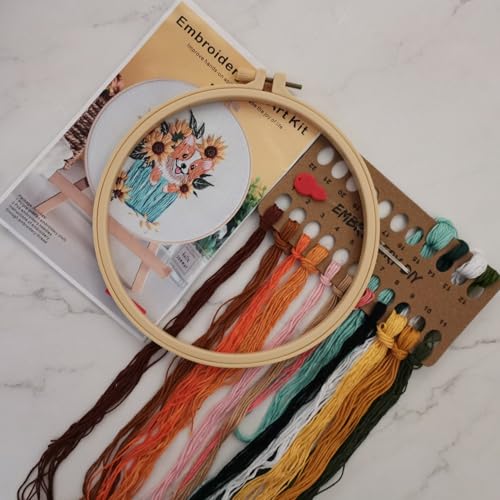 Esffaci Embroidery Starter Kit for Adult Beginner with Dog Sunflower Pattern Hand Embroidery Set with Embroidery Cloth Hoop Needle Threader Embroidery Floss and Instruction