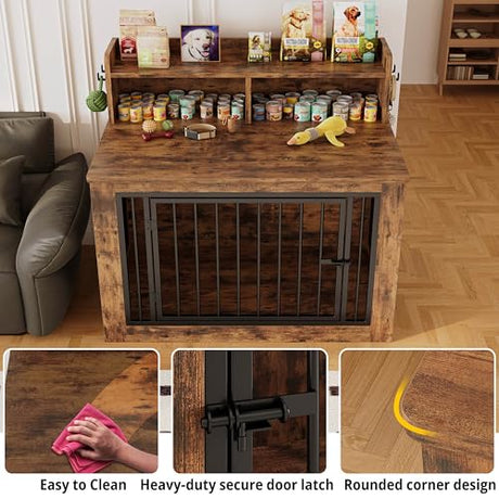 IRONCK Extra Large Dog Crate Furniture, 43.3 inches Wooden Dog Crate with Storage and 4 Hooks, Heavy Duty Pet Crate for Large Dog, Decorative Pet Cage for Indoor (30" L x 43.3" W x 41.1" H) IRONCK