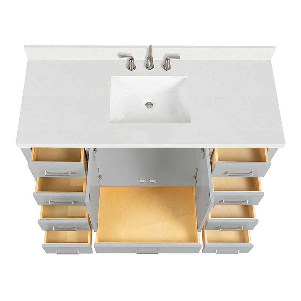 ARIEL Cambridge 55" Grey Bathroom Vanity with Sink, 1.5" Edge Pure White Quartz Countertop & Backsplash, Center Rectangular Sink, 2 Soft Closing Doors, 9 Full Extension Dovetail Drawers ARIEL