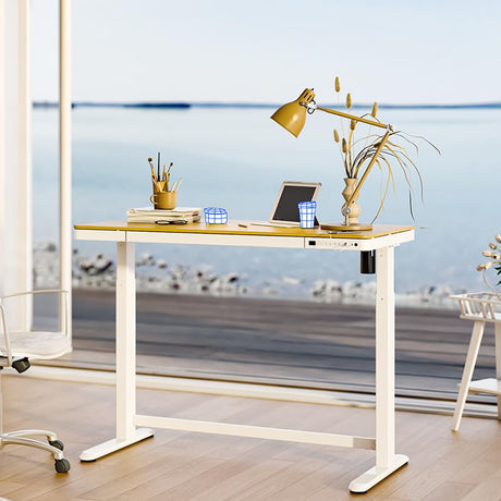 FLEXISPOT Electric Standing Desk with Drawer Storage Adjustable Height Quick Assembly Table w/USB Charge Ports, Child Lock （Natural Desktop + White Frame） FLEXISPOT