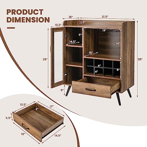 LOKO Wine Bar Cabinet, Farmhouse Coffee Bar Cabinet with Tempered Glass Door, 3-Row Glass Holder & 8-Grid Wine Rack, Buffet Sideboard with Wine Display, Rustic Brown - WoodArtSupply