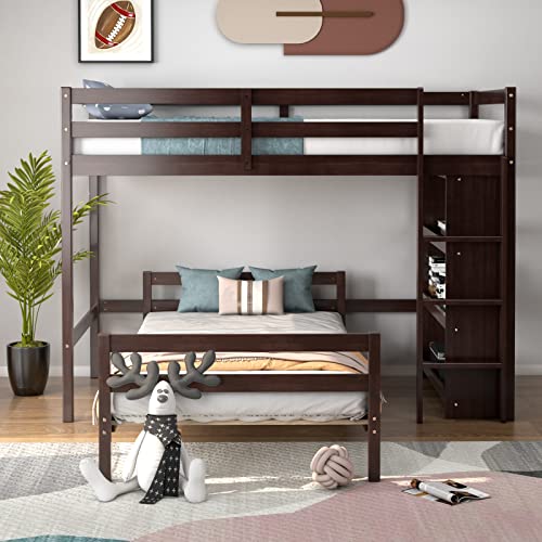 Giantex Twin Over Twin Bunk Bed, Wood L-Shaped Bunk Beds with Storage Bookshelf, Bunk Bed Frame with Guardrails and Ladder for Kids Boys Girls Teens Adults, Can be Convertible into 2 Beds, Espresso Giantex