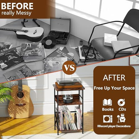 DALEMHOME Record Player Stand with Charging Station, 3-Tier Side Table for 100 Vinyl Storage, End Table for Living Room, Bedroom, Rustic Brown HKET1002BR DALEMHOME