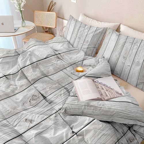 Single 61" x 79" Bedding Duvet Cover Set - Grey Minimalist Modern Wood Grain Printed 3 Piece Brushed Microfiber Comforter Quilt Cover with Zipper Closure for Men and Women Generic