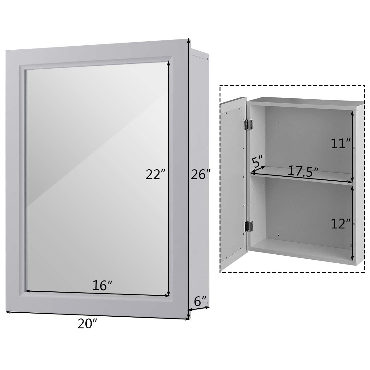 RELAX4LIFE Bathroom Medicine Cabinet with Mirror - Bathroom Wall Cabinet w/Single Door & Adjustable Shelf, Wood Mirrored Storage Cabinet Organizer, Recessed Bathroom Cabinet Wall Mount (Grey) RELAX4LIFE