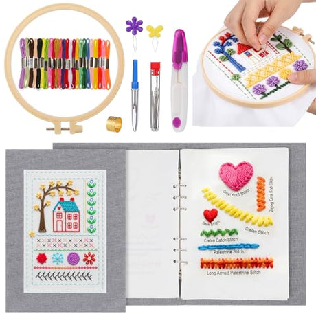 Tofficu 2026 Upgraded Embroidery Stitch Book - 180 Patterns Embroidery Starter Practice Book, Beginner Cross Stitch Supplies Kit with 6-Ring Binder 24-Color Threads & Tools for Adults DIY Craft Gift Tofficu