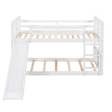 Montessori Floor Bunk Bed Twin Over Twin, Twin Bunk Bed with Slide and Ladder, Kids Bunk Beds with Guardrail Headboard and Footboard, Low Bunk Beds for Kids, Boys, Girls, Twin Bunk Bed White Bellemave