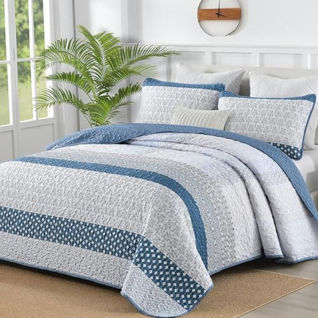 WONGS BEDDING Blue Quilt Twin Size, Bohemian Stripe Quilt Sets 2 Pieces Blue Boho Quilted Bedspread Set Lightweight Microfiber Coverlet Bedding Set All Season (68"×86") WONGS BEDDING
