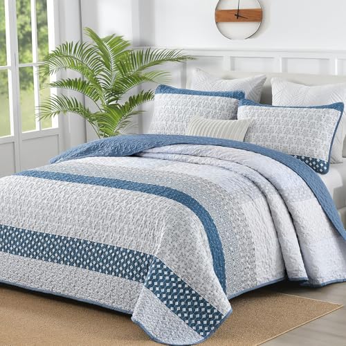 WONGS BEDDING Blue Quilt Queen Size, Bohemian Stripe Quilt Sets 3 Pieces Boho Quilted Bedspread Set Lightweight Microfiber Coverlet Bedding Set All Season (96"x90") WONGS BEDDING