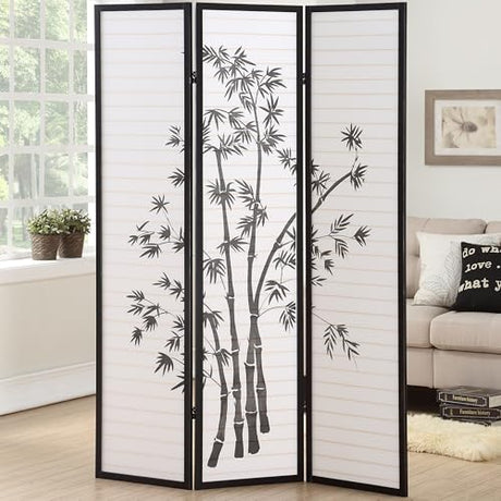 Room Divider Panel Shoji Screen, Japanese 3 Panel Folding Privacy Screen for Room Separation, Wood Wall Divider, Black-Plant Print Generic