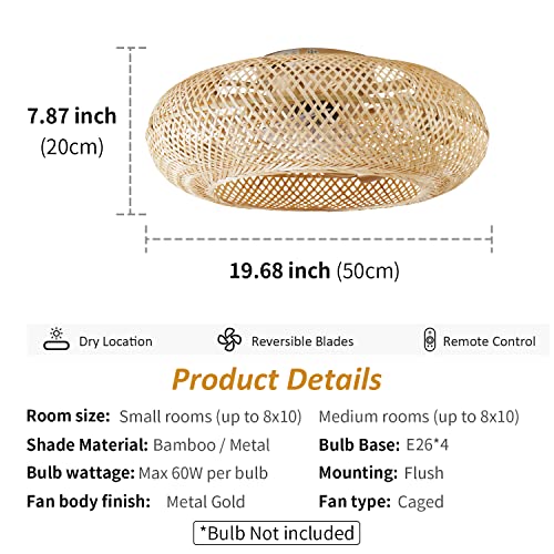 ainqiant Boho Caged Ceiling Fan with Light Flush Mount, 20 Inch Enclosed Rattan Ceiling Fans with Lights and Remote Control,Low Profile 6 Speeds for Bedroom, Living Room ainqiant