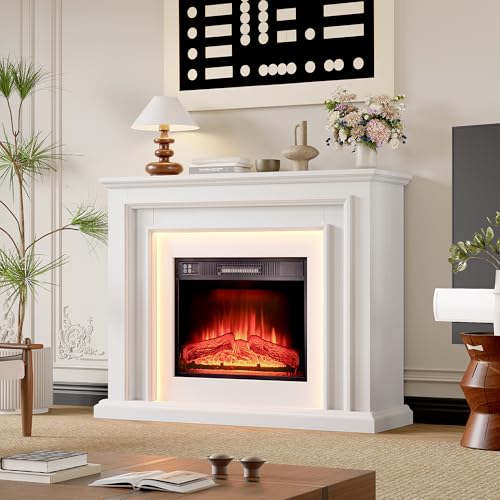 44 Inches LED Lights Electric Fireplace with Mantel, White Tall Fire Place Heater Freestanding, Delicate Three-Dimensional molding with Remote Control Timer LED Flame for Living Room, Bedroom BOSHIRO