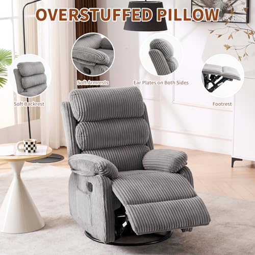 Seanrum Plush Premium Velvet 360° Swivel Rocker Recliner Chair - High Back Glider with Generous Footrest, Supportive Armrests & Side Pocket for Nursery, Living Room & Small Spaces Grey