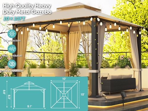 10X10FT Hardtop Gazebo, Heavy Duty Canopy Top Metal Frame Pavilion with Double Galvanized Steel Roof, Waterproof Outdoor Gazebo with Curtains and Netting for Backyard, Patio Deck and Lawns