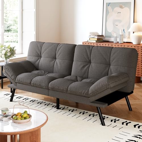 AMICLIBER Convertible Futon Sofa Bed,Grey Linen Modern Futon Couch,Memory Foam Loveseat Sleeper Recliner,Detachable Cushion,Adjustable Backrest & Armrest,Couch for Living Room,Office,Apartment AMICLIBER