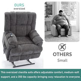 RHHVVR Power Lift Recliner Chair for Elderly, Oversized Chenille Electric Recliners Chairs for Living Room, Dual Motor 180° Lay Flat Recliner Big Sofa with Massage and Heating, Heavy-Duty, Grey RHHVVR