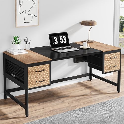 Tribesigns Computer Executive Desk with Drawers: 63" Computer Desk with 4 Storage Drawers, Wood Farmhouse Study Writing Table, Herringbone Business Furniture for Home Office - WoodArtSupply