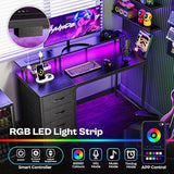 Huuger 47 Inch Computer Desk with Power Outlets and LED Lights, Gaming Desk with 4 Drawers, Office Desk with Monitor Stand, Study Desk Work Desk for Home Office, Small Spaces, Black Huuger