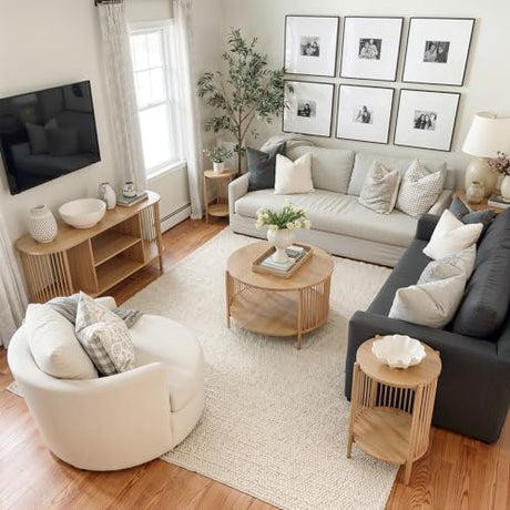 Brafab 4-Piece Living Room Table Set, 60" Boho TV Stand with Hand-Woven Ropes, Round Rattan Coffee Table & 2 Side Tables Brafab