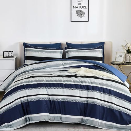 WONGS BEDDING Queen Comforter Set, 7 Pieces Navy Blue Comforter Set Queen Size, Soft Striped Bed in a Bag Bedding Set with Comforter, Flat Sheet, Fitted Sheet, Pillow Shams, Pillowcase WONGS BEDDING