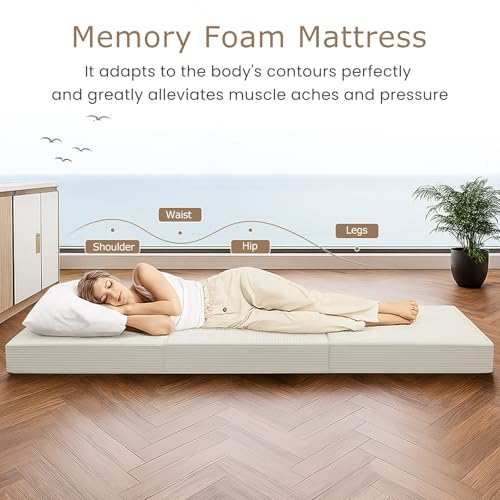 feliz home 6-Inch Tri-Fold Mattress Full Size - Foldable Futon Sofa Bed with Removable Washable Cover, Folding Memory Foam Futon Mattress | Non-Slip Bottom & Carry Handles for Guest, Camping, Dorm feliz home