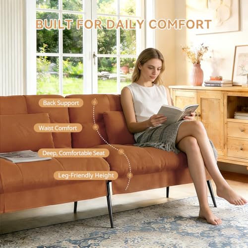COMHOMA 72″Futon Sofa Bed,Modern Convertible Sleeper Sofa, Fabric Futon Couch with Multi-Position Backrest for Living Room Furniture (Brown) COMHOMA