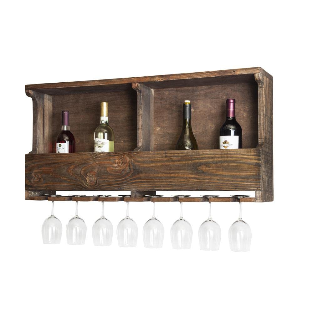 Alaterre Furniture Pomona Wall-Mounted Solid Pine/Reclaimed Wood Wine Rack with Glass Holder and Shelf Ledge, Rustic Industrial Home Bar Furniture with Natural Finish | Holds 8 Standard Wine Glasses Alaterre Furniture