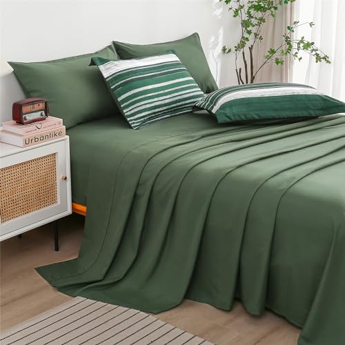 KAKIJUMN 7 Piece Bed in a Bag Stripe Comforter Set Full Size, White Grey Green Patchwork Striped Comforter and Sheet Set, All Season Soft Microfiber Complete Bedding Sets(Dark Green,Full) KAKIJUMN
