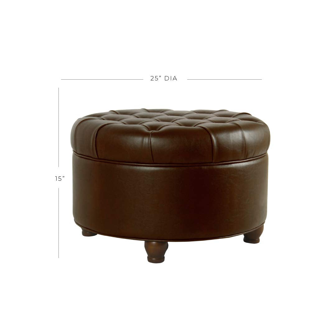 Homepop Home Decor | Button Tufted Faux Leather Round Storage Ottoman | Ottoman with Storage for Living Room & Bedroom (Distressed Brown) HomePop