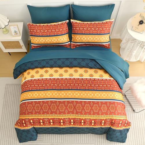 WONGS BEDDING Boho Comforter Set Queen Size,7 Pieces Bed in a Bag Bohemian Striped Bedding Set,Burnt Orange Paisley Floral Comfortet and Sheet Set,Soft Microfiber Bedding Sets for All Season WONGS BEDDING
